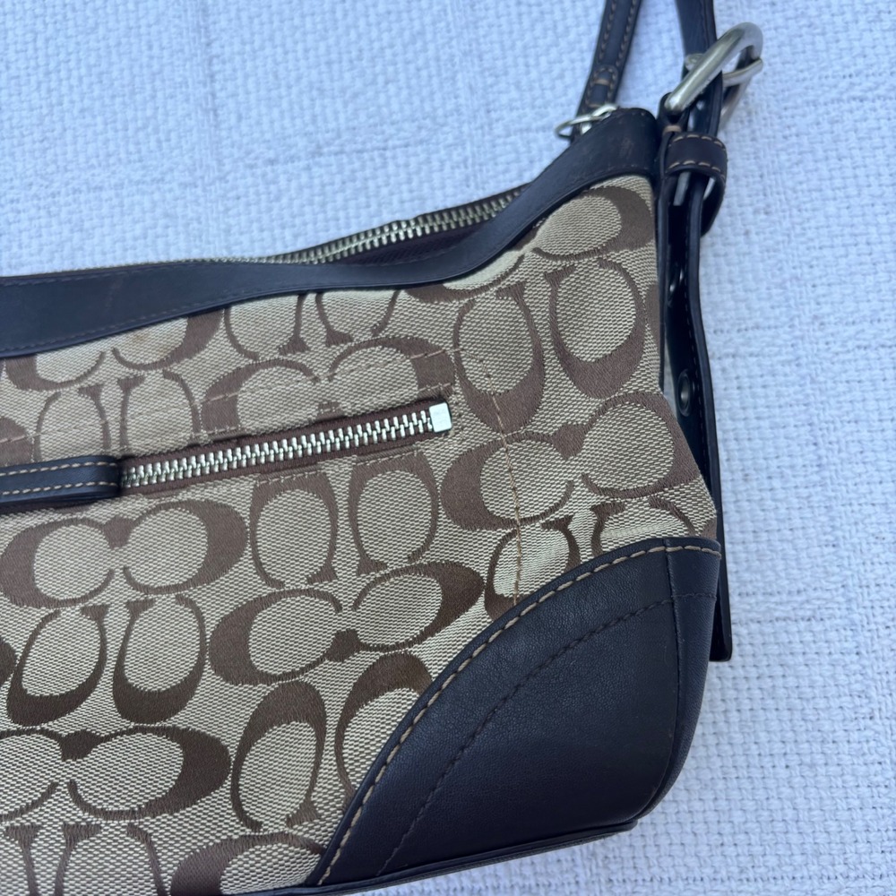 COACH Authentic Y2K Brown Leather Canvas Slouchy Crossbody East West Bag F13012 - Picture 3 of 8